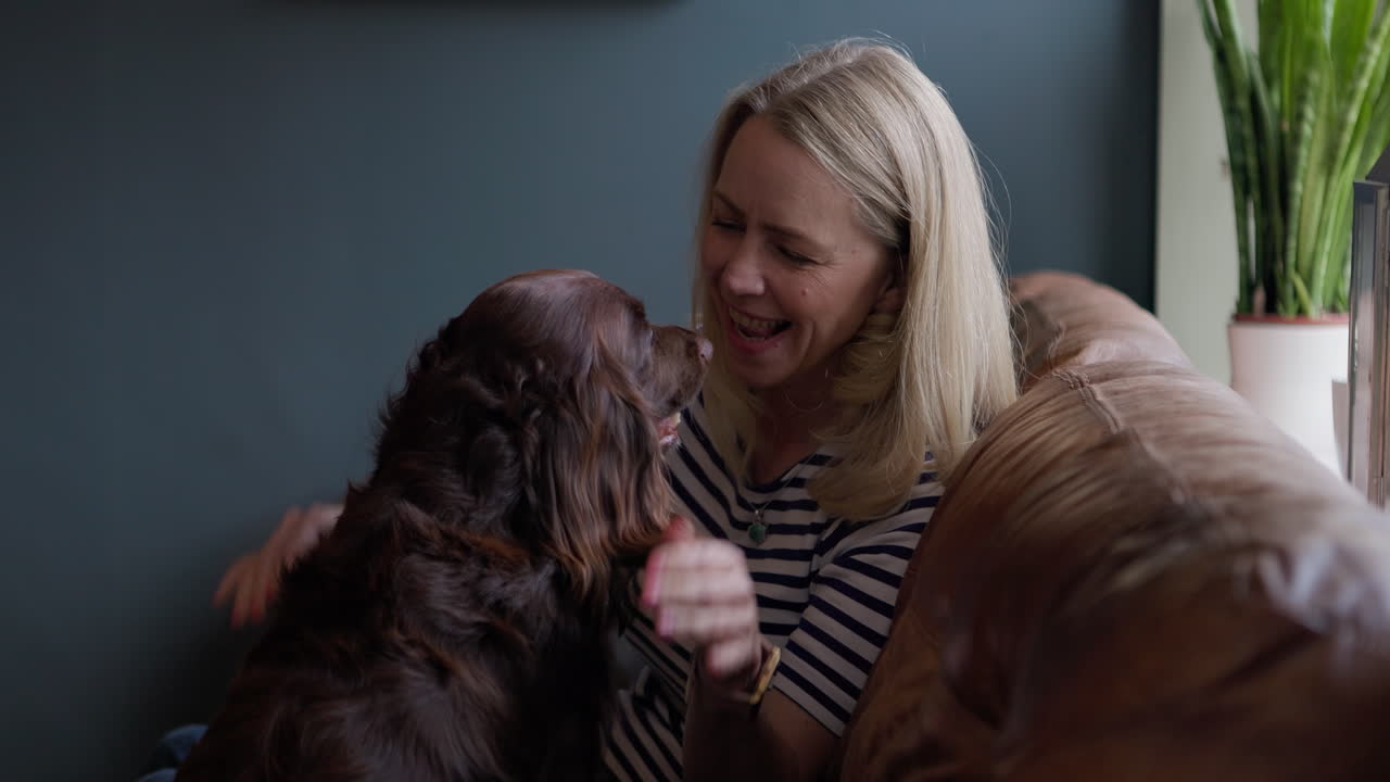 Woman petting her dog on the couch