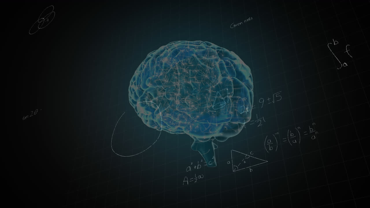 animación de ecuaciones matemáticas sobre un modelo digital del cerebro humano sobre un fondo negro