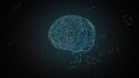 animation of mathematical equations over digital model of human brain on black background