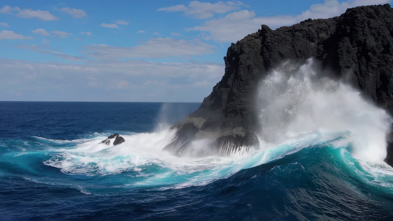 Powerful Waves Crashing Against Volcanic Rock Coast