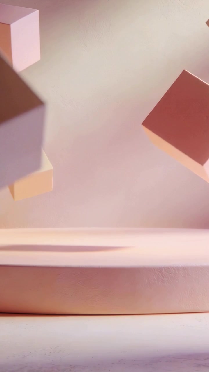 Vertikal video: Blid bevægelse starter, pastelterninger svæver og roterer i et studie for en rolig stemning.