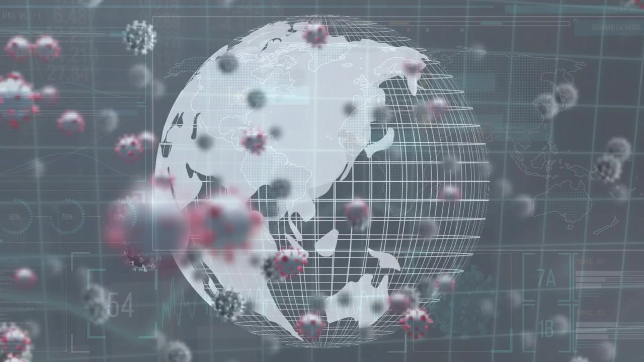 Animação de células do vírus COVID-19 sobre processamento de dados e globo em fundo cinza