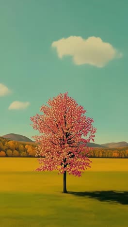 A serene landscape video with a low-angle view of a lone pink tree in a vast field, under a clear