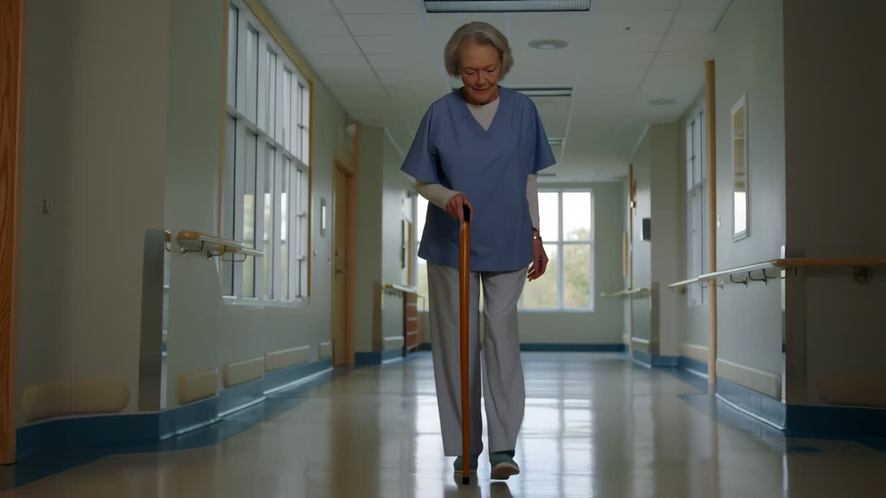 Anziana signora che usa un bastone da passeggio nel corridoio dell'ospedale