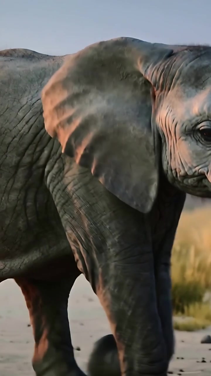 Vídeo vertical: Elefante jovem caminhando por uma planície seca, com a câmera começando na orelha e rochas passando.