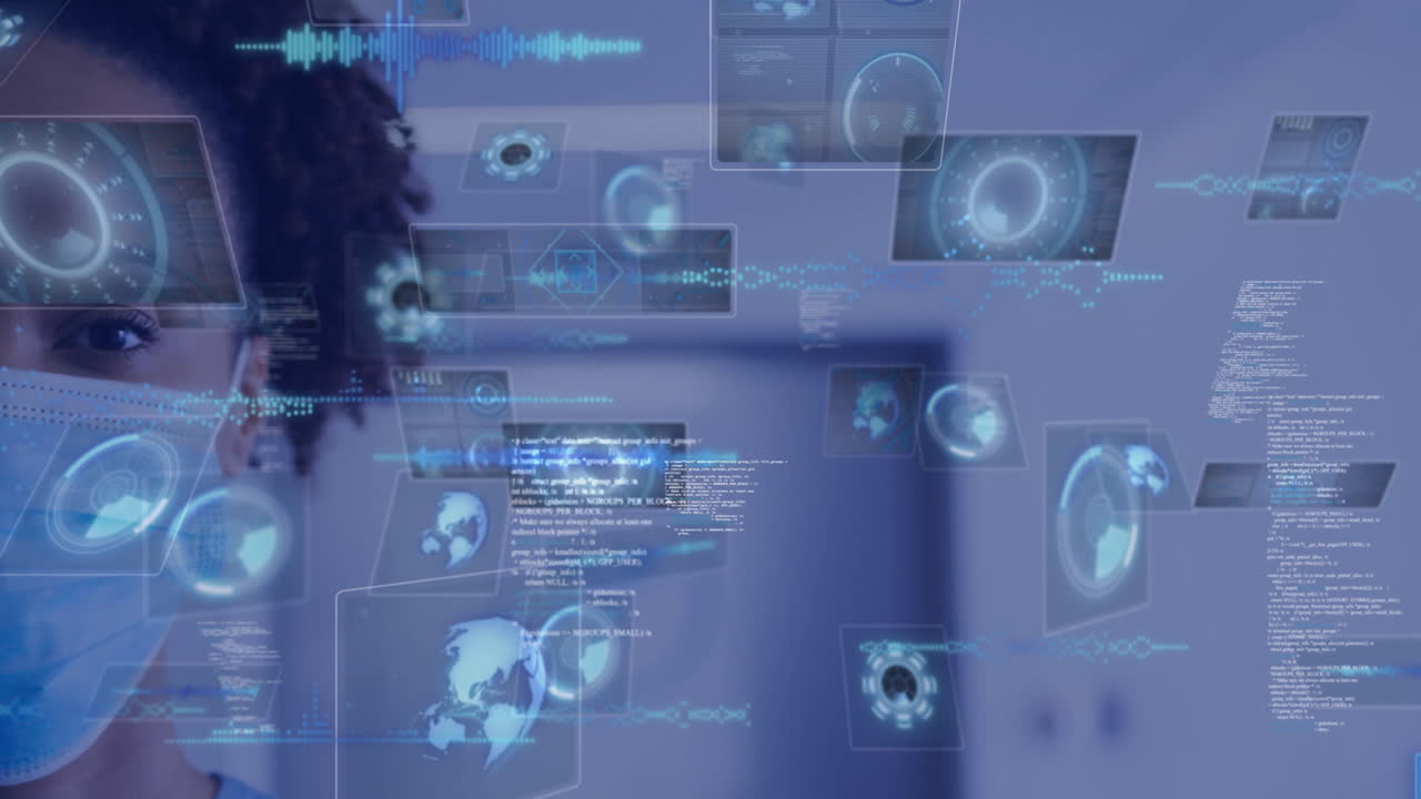 Wearing mask, person interacting with digital interface and animation projections