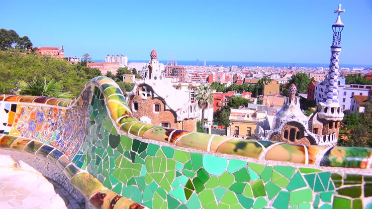 The bright and colorful artwork of Gaudi in Park Guell Barcelona Spain 1