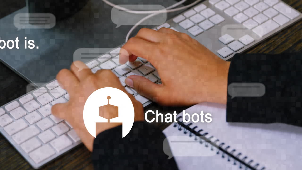 Animation of ai text on screen and data processing over biracial woman using computer