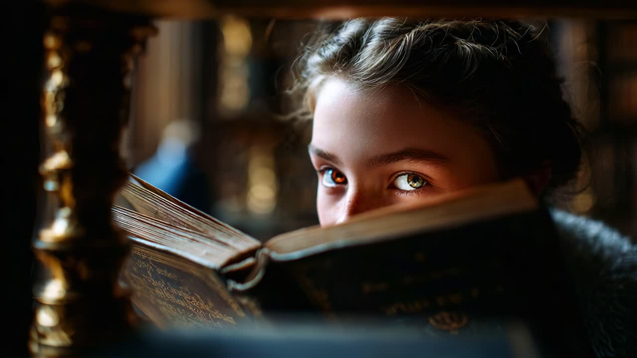 A young girl gazes intently at an ancient book, her curious eyes peeking over the pages as she immerses herself in the world of literature and imagination within a cozy library setting