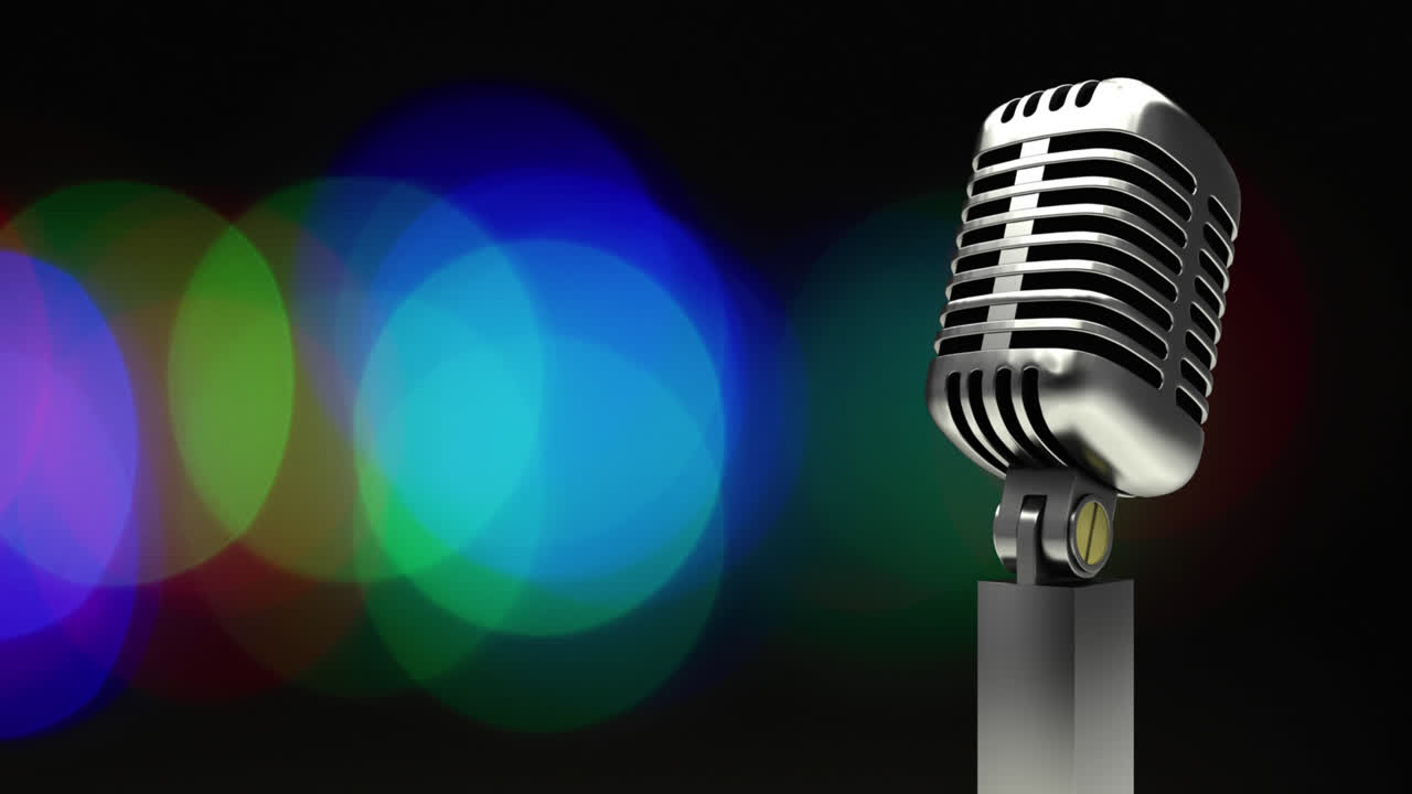 animación digital del micrófono contra manchas de luz de colores sobre un fondo negro
