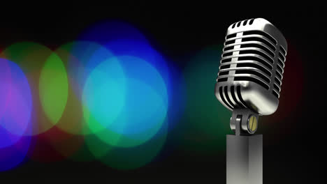 digital animation of microphone against colorful spots of light on black background