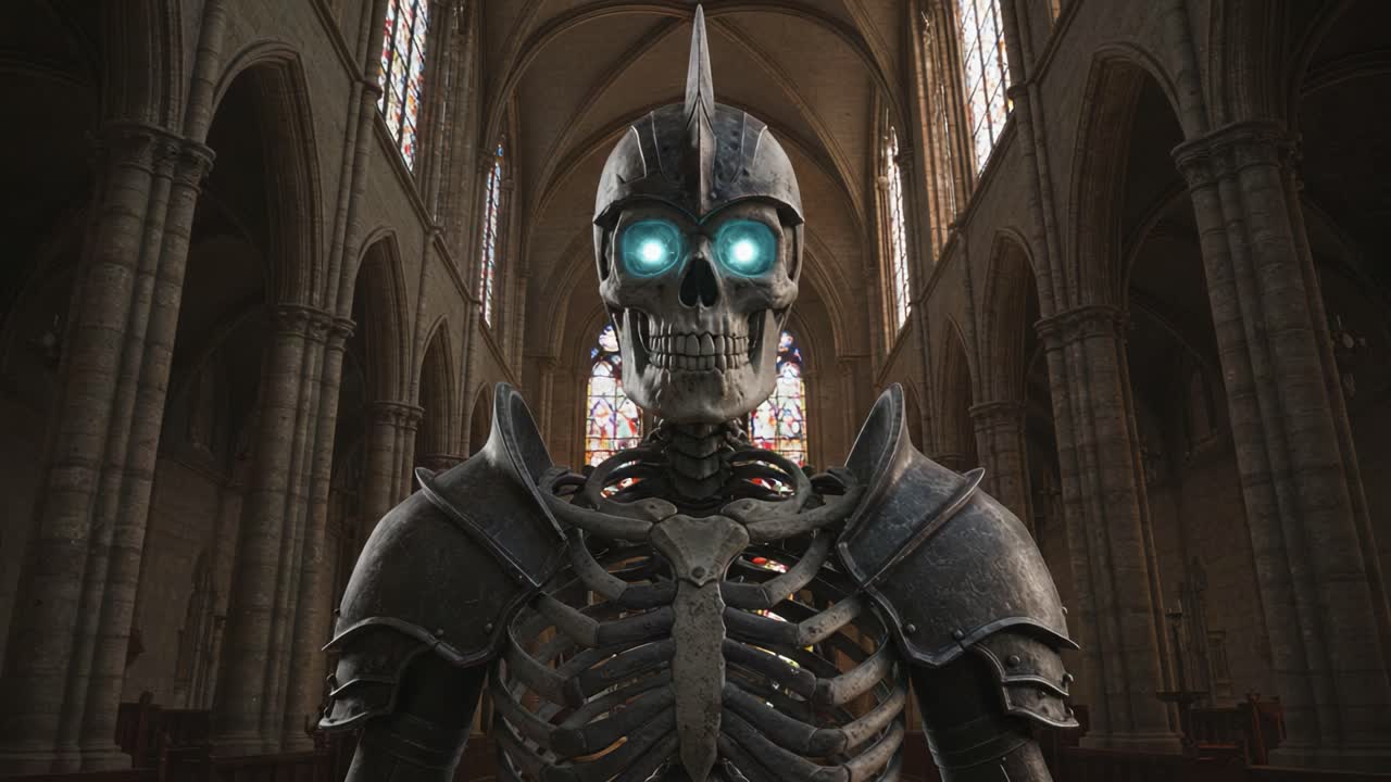 A Stunning Gothic Skeleton Warrior Stands in an Abandoned Cathedral with Glowing Blue Eyes, Capturing the Essence of Dark Fantasy and Macabre Atmosphere