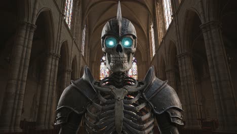 a stunning gothic skeleton warrior stands in an abandoned cathedral with glowing blue eyes, capturing the essence of dark fantasy and macabre atmosphere