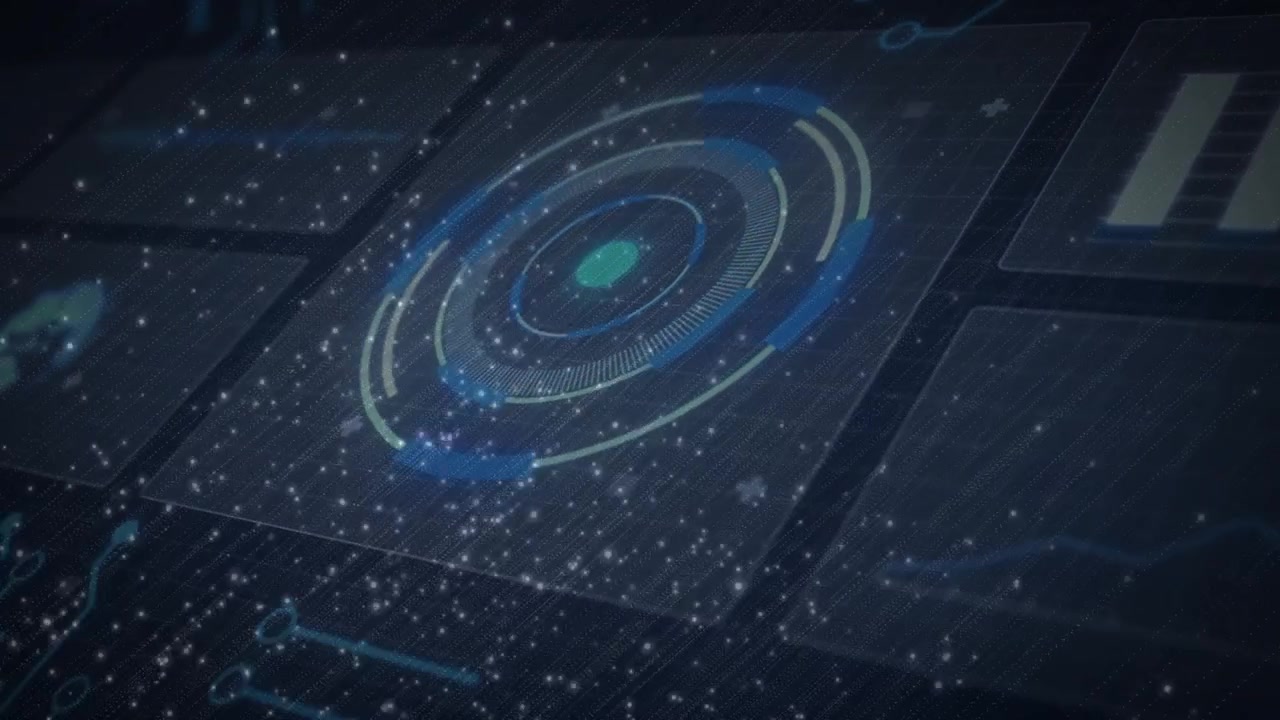 Futuristic Digital Interface with Rotating HUD and Data Display