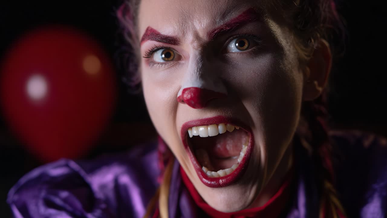 Ritratto di un clown intensamente espressivo: emozioni accattivanti ed espressioni intense in un ambiente inquietantemente colorato con un'atmosfera misteriosa