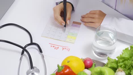 nutritionist woman prepares diet plan for healthy life at table.