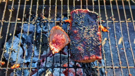 juicy meat cooks on the grill, showcasing the perfect sear and smoky flavors during a backyard bbq