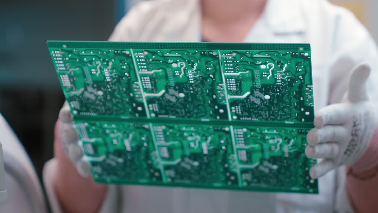 Person inspects circuit boards in slow motion, showing precision and focus