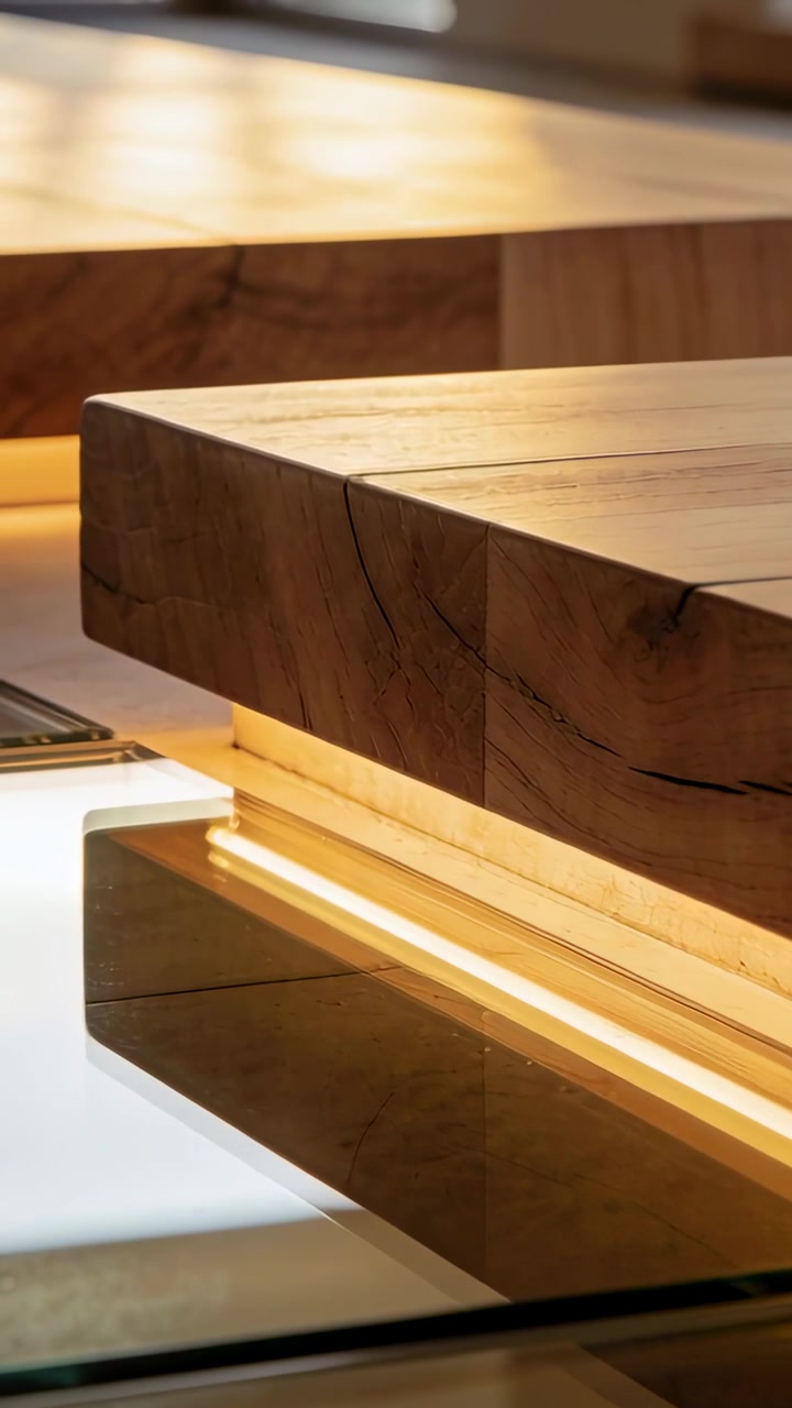 Video vertical: Cámara en movimiento revelando una losa de madera en una sala de exposición, mostrando el reflejo LED y la veta.