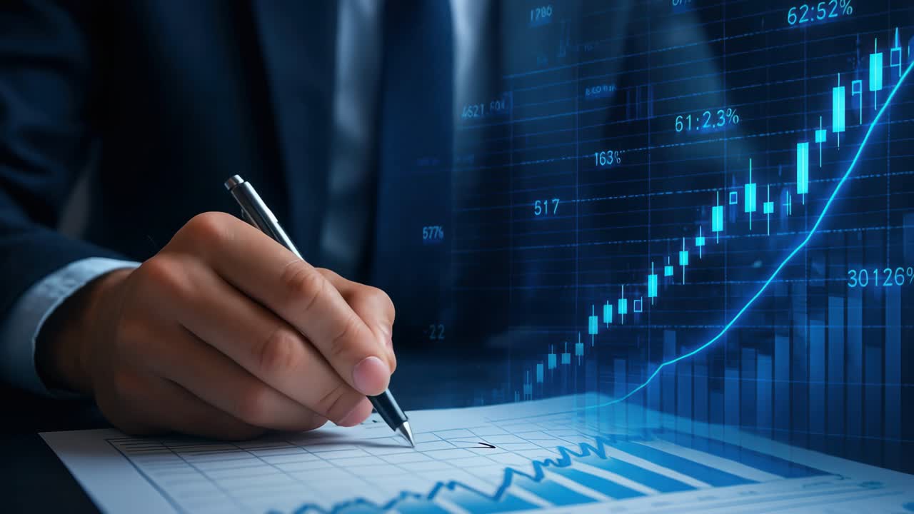 A close-up angle captures a hand writing on a financial chart, with digital graphs overlaying