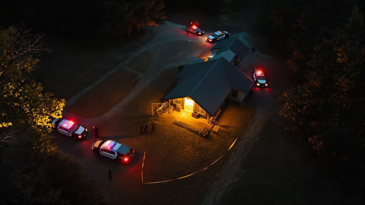Police vehicles with flashing lights surround a building at night, illuminating the area and creating a tense atmosphere, highlighting the urgency of the situation and law enforcement presence