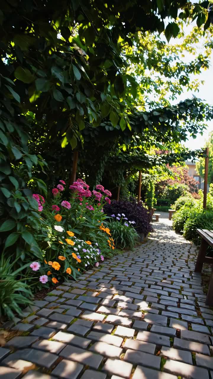 Un rilassante video di un sentiero in un giardino con fiori vivaci e vegetazione lussureggiante. Ripresa da un angolo basso