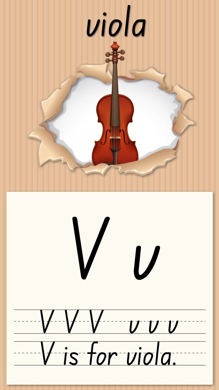 Video verticale animato che insegna la lettera V usando un'illustrazione di viola ed esercizi di pratica della scrittura a mano.