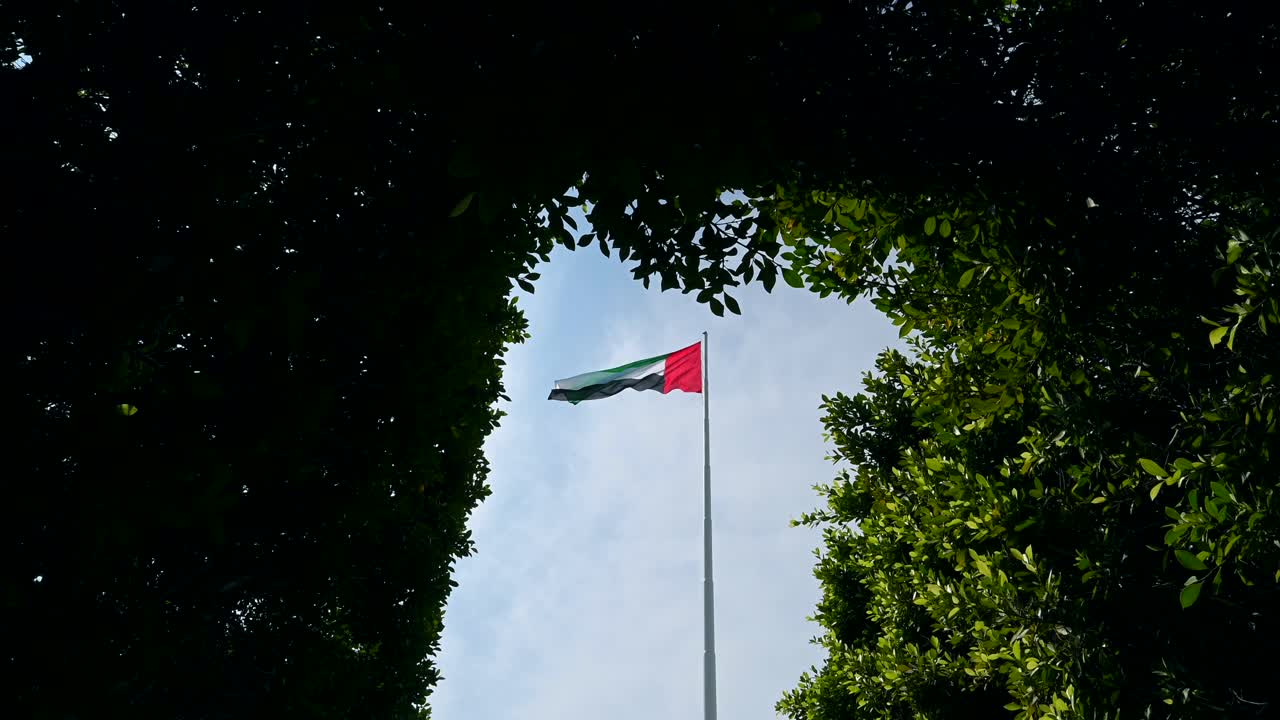 The UAE flag gracefully waves in the arch of green trees at the Abu Dhabi Corniche, embodying the concept of a green future in the United Arab Emirates