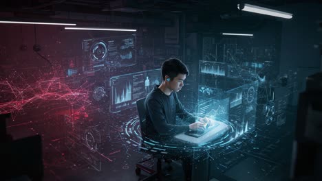 a young individual immersed in futuristic data analysis, working on a laptop amidst a holographic display of digital graphs, statistics, and high-tech visuals, embodying innovation in technology