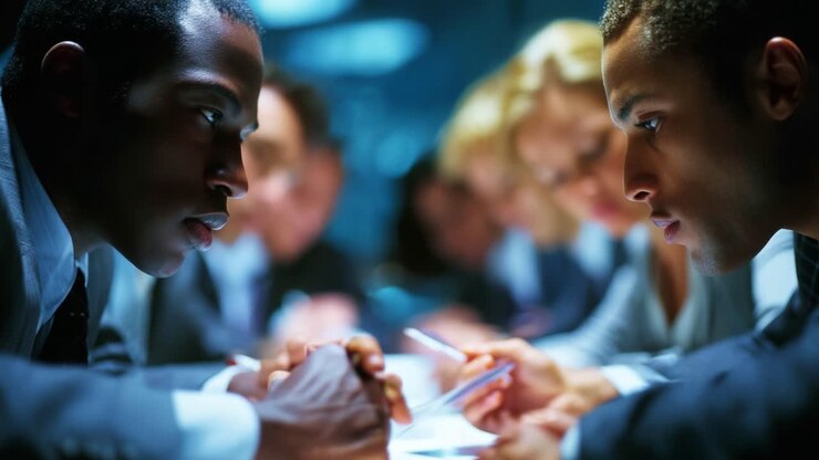 Intense Discussion Between Two Individuals in a Business Meeting Setting, Highlighting Conflict and Focus Amidst a Group of Colleagues Engaged in Serious Conversation