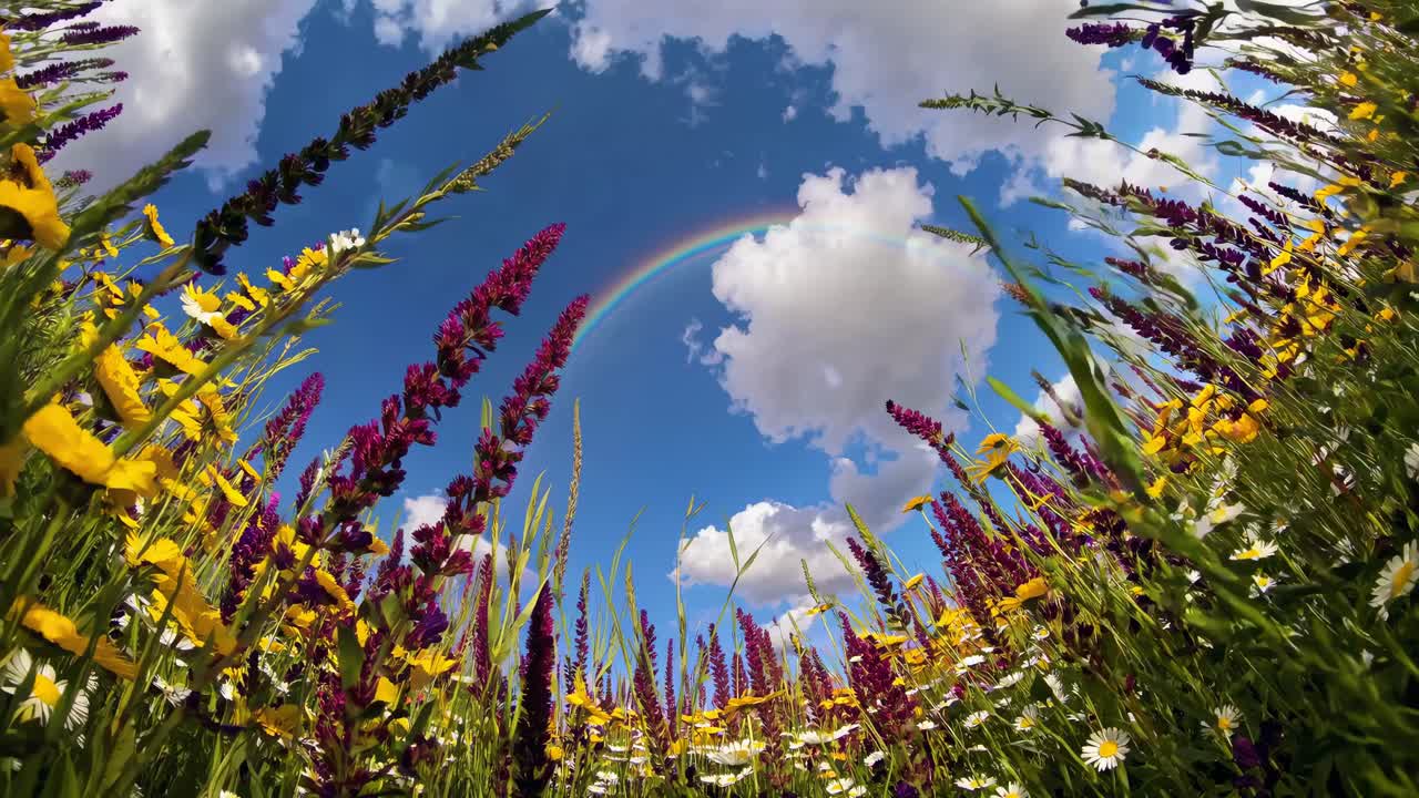 Una vivace immagine a occhio di pesce di un campo di fiori selvatici sotto un cielo pieno di arcobaleni, che cattura un'atmosfera da sogno