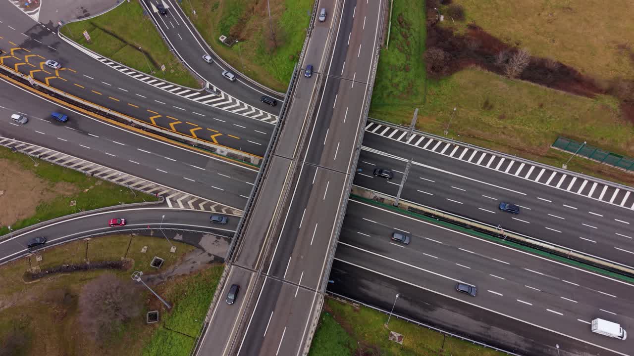 Highway Interchange Traffic Aerial Drone View With Moving Cars