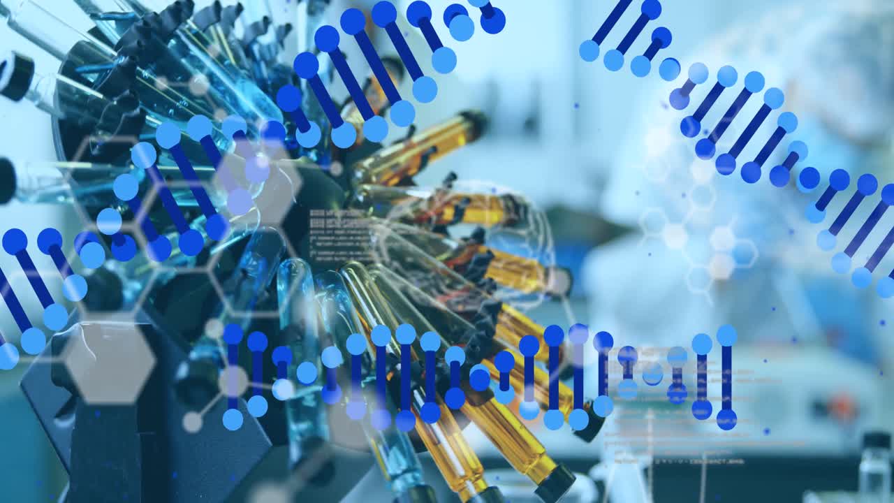 estructuras de adn que giran contra múltiples tubos de ensayo en centrifugadoras que giran en el laboratorio