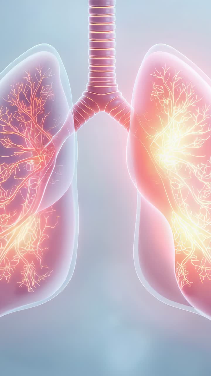 Video verticale: polmoni e trachea pulsanti con bagliore che sale lungo i bronchi, a mostrare il flusso d'aria in studio