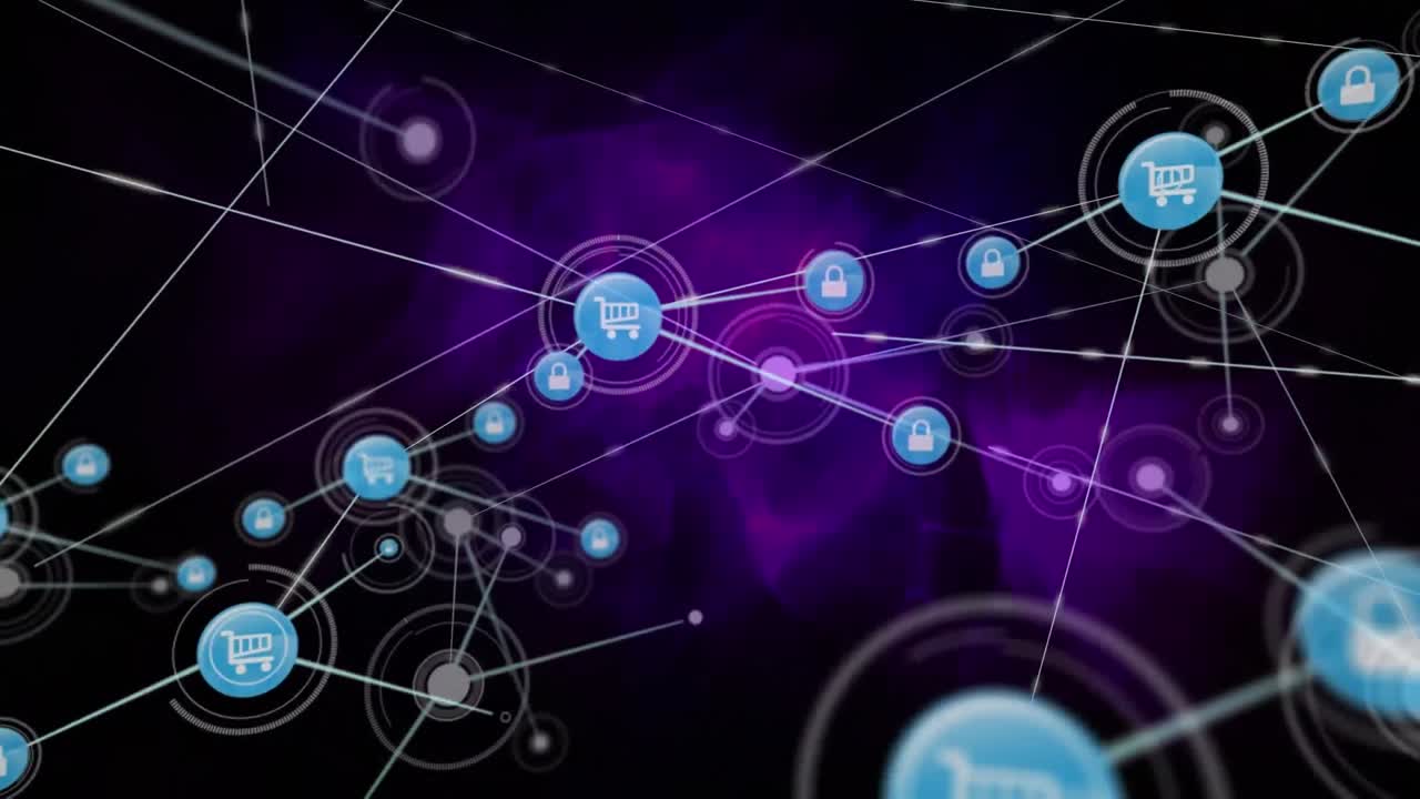 animación de la red de conexiones con iconos en fondo oscuro