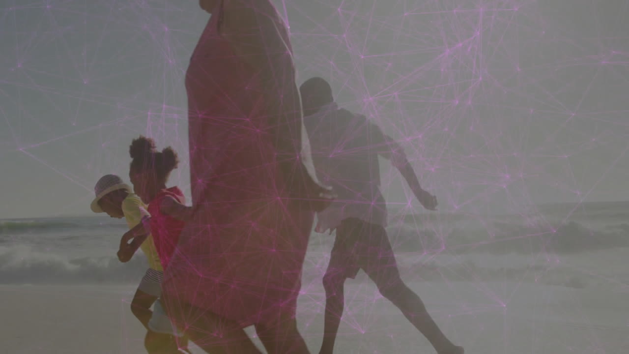 Family group walking along wet beach, showing purple neural network lines overlaying tech concept
