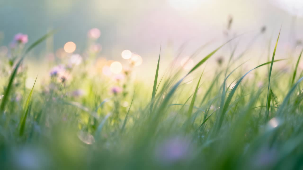 Agrupamento de folhas de grama alta balançando, com o foco mudando num prado onde a luz varia, com orvalho e flores silvestres.