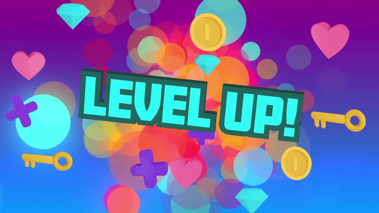 Animaatio sanoista "level up" sinisillä kirjaimilla ikonien ja värikkäiden ympyröiden kera taustalla.
