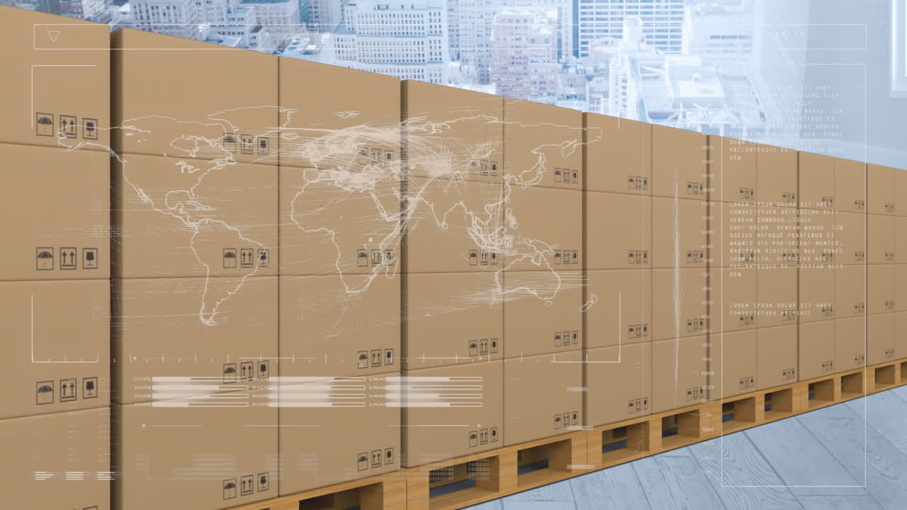 컨베이어 벨트에 있는 카드보드 상자 위에서 통계 처리의 애니메이션