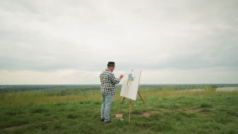 a painter wearing a hat, checkered shirt, and jeans is deeply focused on creating a masterpiece on a canvas, set in the middle of a lush grassy field beside a lake under a cloudy sky