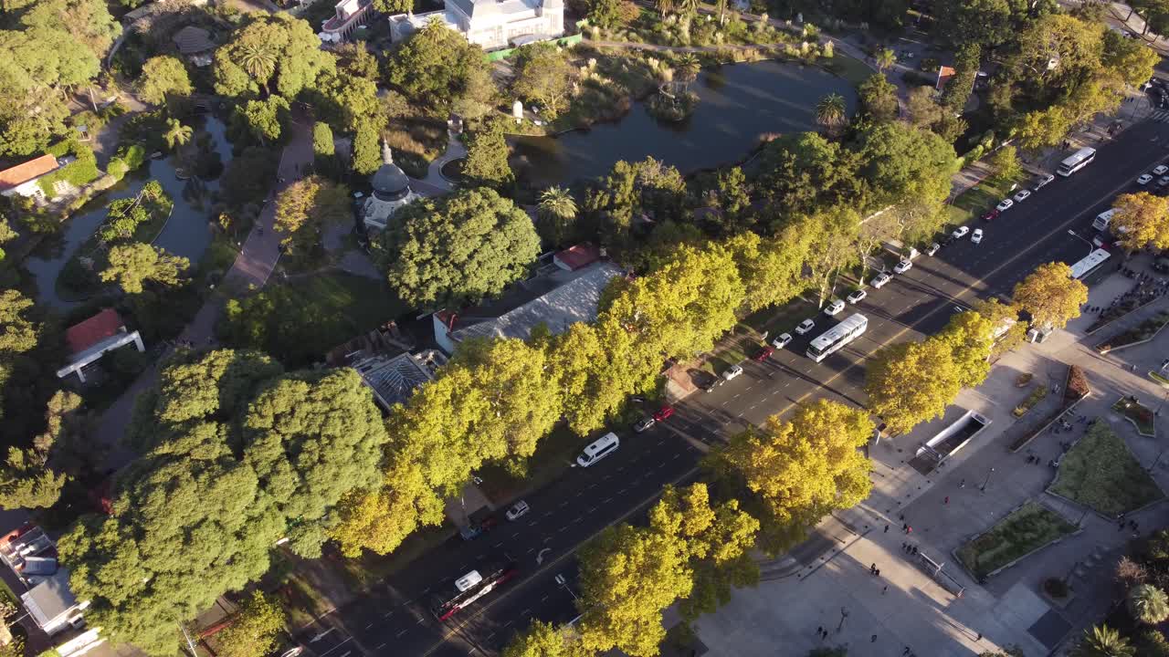 일몰 동안 부에노스아이레스 교외 지역 도로를 달리는 흰색 버스의 공중 전망