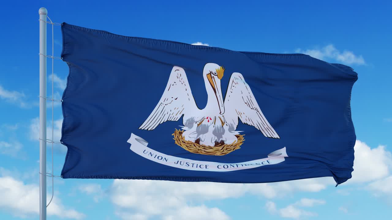Bandiera della Louisiana su un'asta che sventola al vento, sfondo cielo blu. 4K