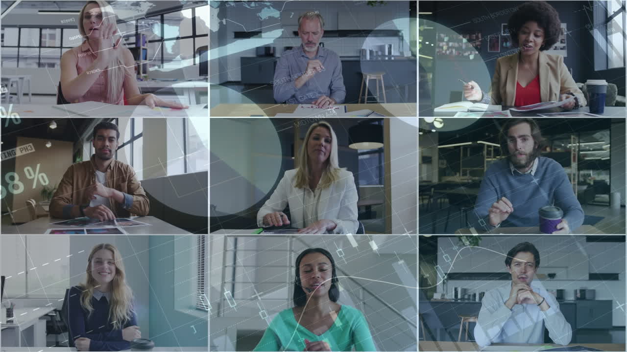 Animation of financial data processing over diverse business people having video call