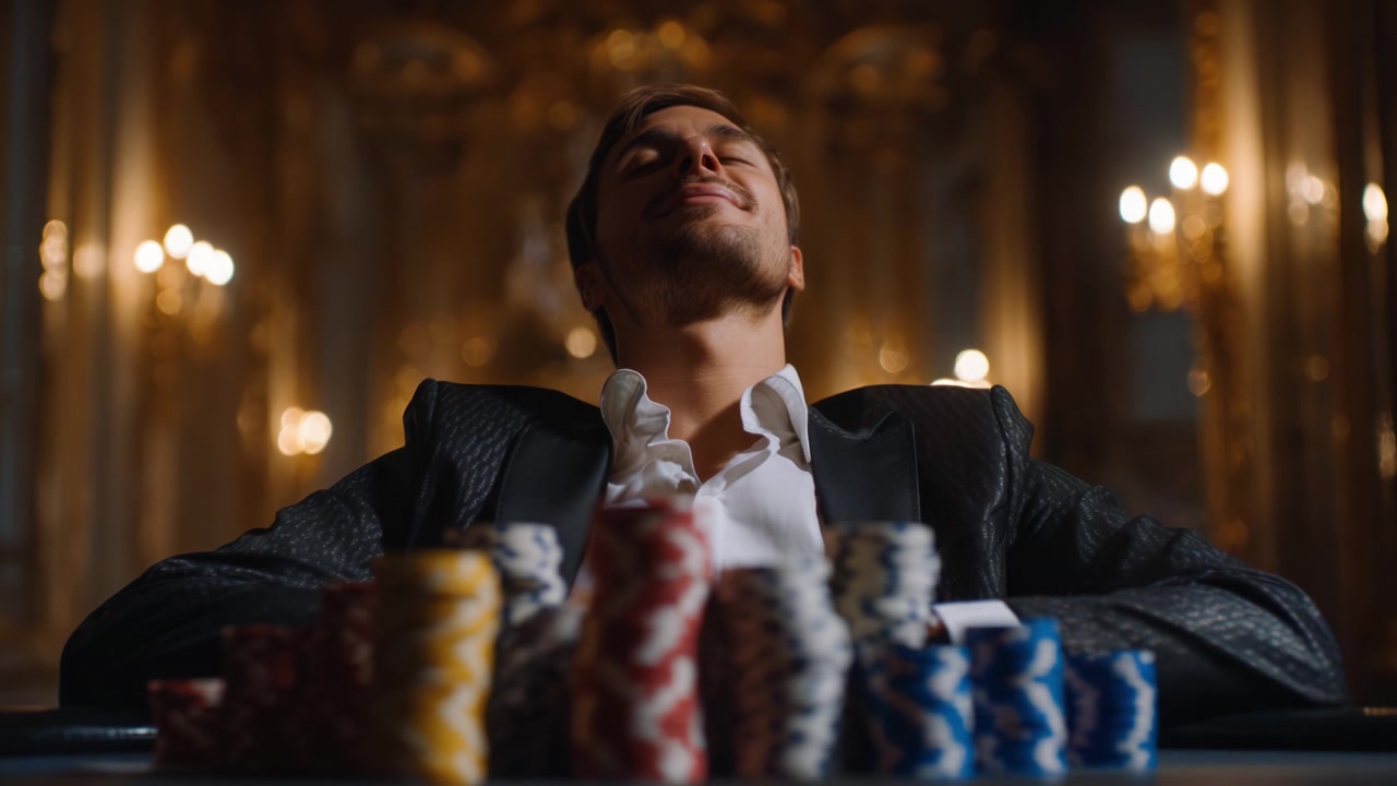 Un giocatore d'azzardo sicuro di sé si gode il suo successo, circondato da fiches da poker colorate in un elegante ambiente da casinò, rappresentando il brivido del gioco d'azzardo ad alte poste.