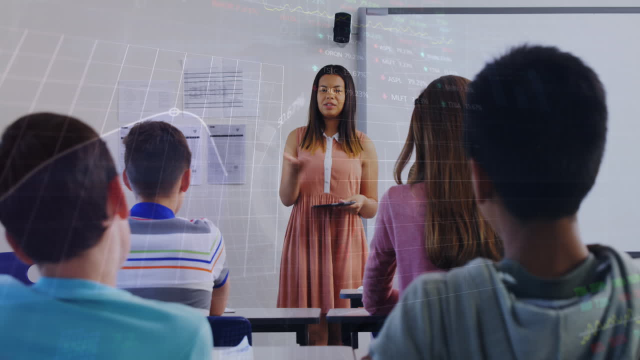 Animation of data processing over diverse students and female teacher talking