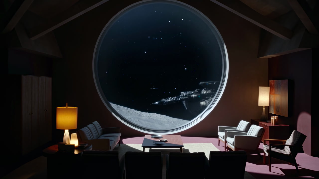 Retro-futuristic Living Room with a View of a Spaceship Orbiting a Moon