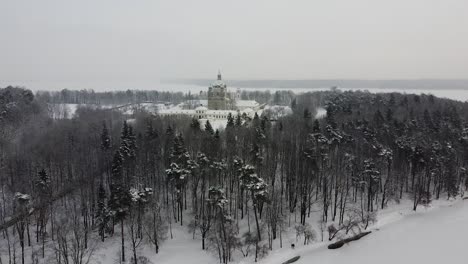 pazaislis monastery in kaunas in aerial drone ascend winter shot