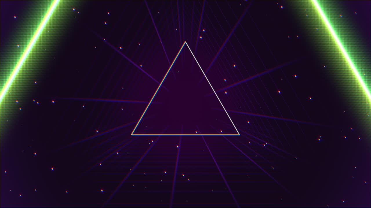 triángulos de neón con líneas láser y campos estrellados en galaxia oscura