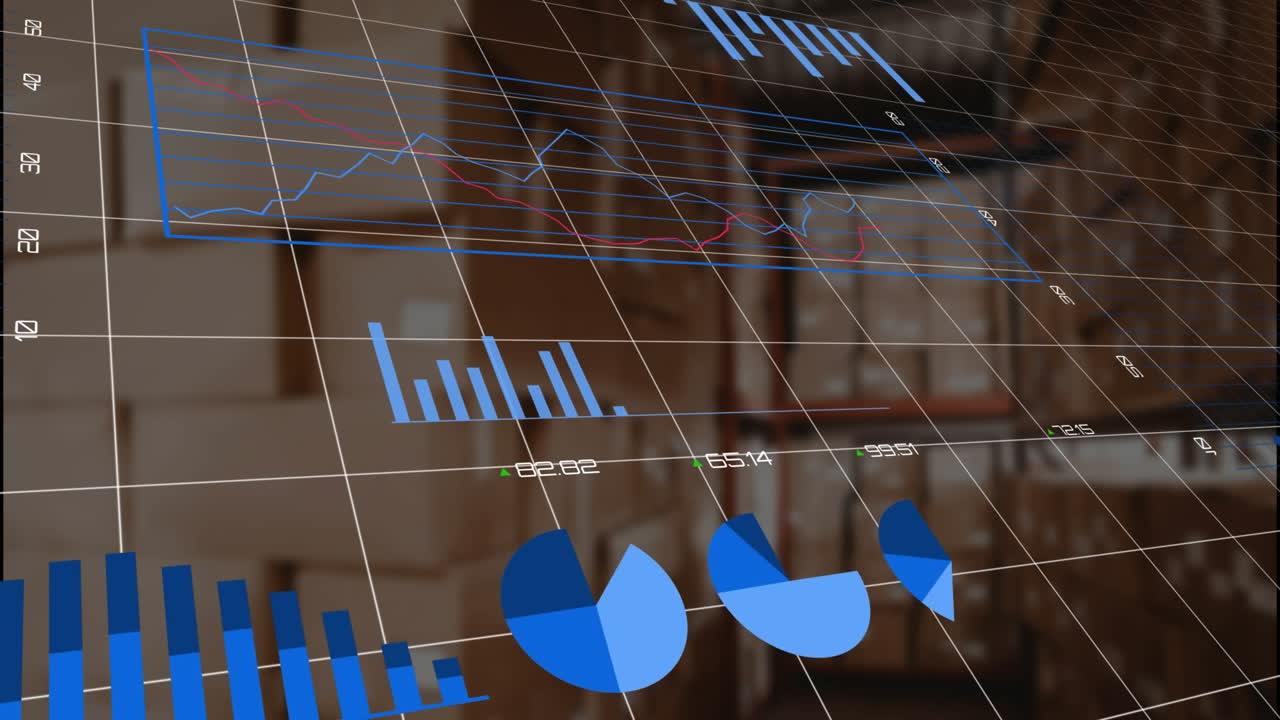 animación del procesamiento de datos estadísticos contra una pila de cajas en un almacén vacío