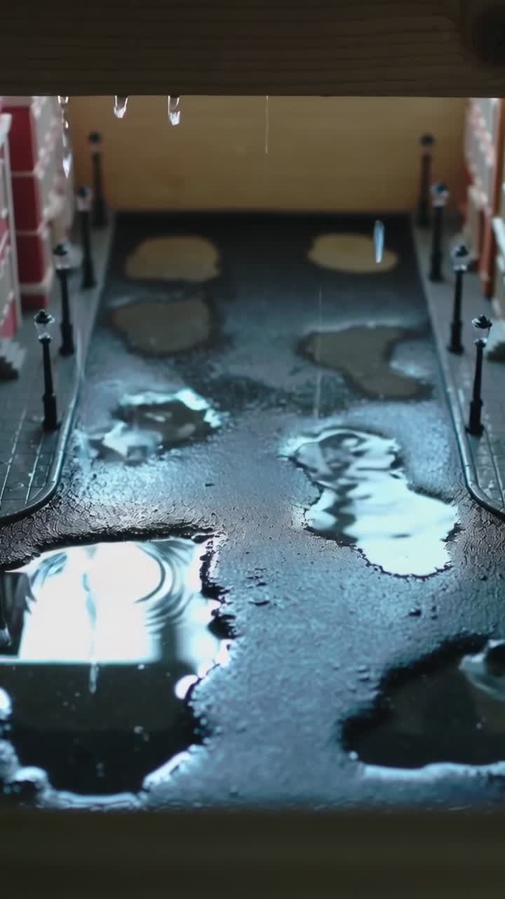 縦型動画：テーブルの上の模型の通りに、滴り落ちる岩棚から水滴が送られ、水たまりの波紋を作り出す。
